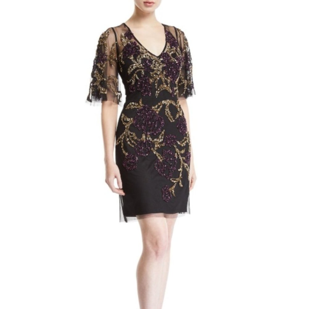 Aidan Mattox Embellished Black Flutter-Sleeve Mini Cocktail Dress